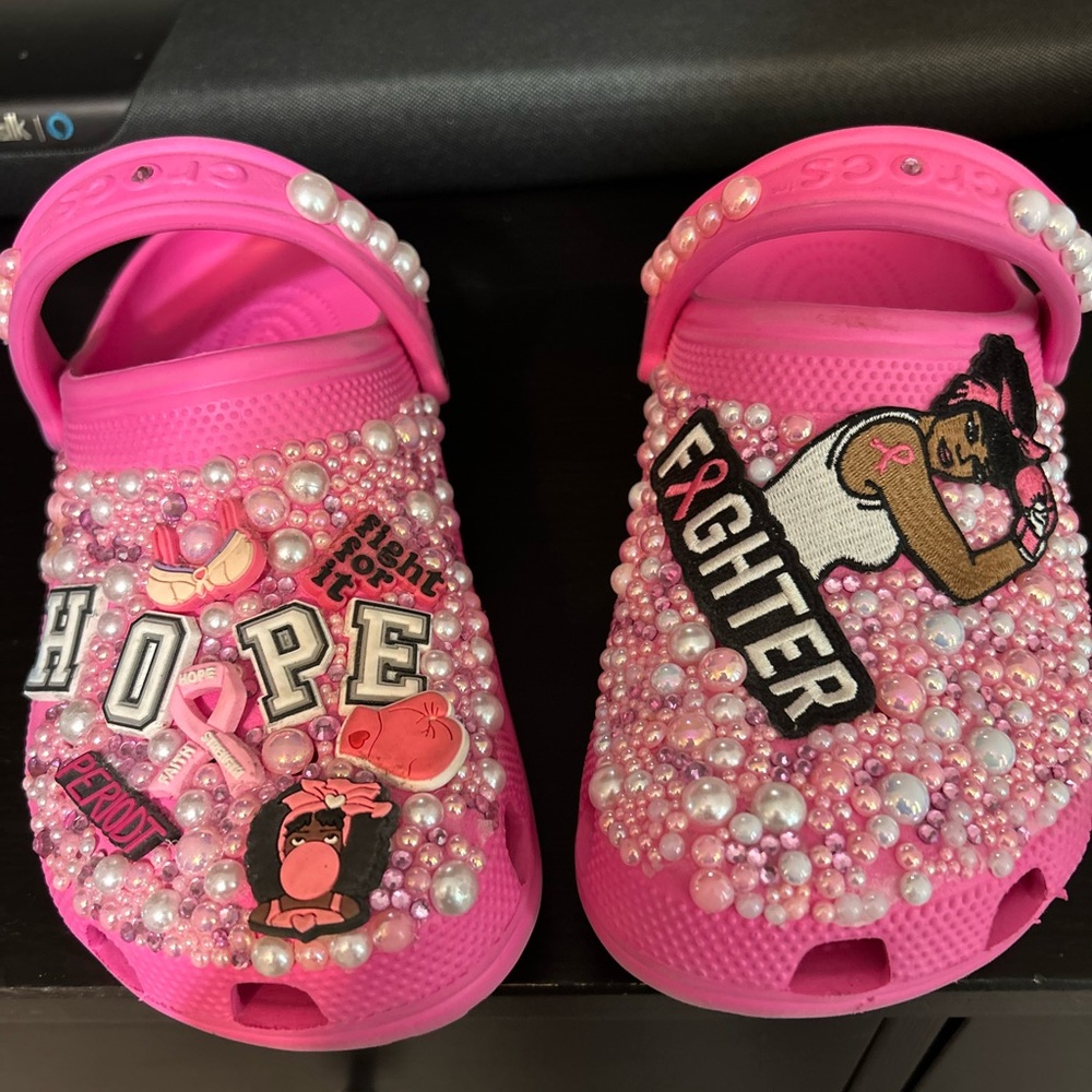 Women’s Pink Crocs with Pearl Embellishments (breast cancer survivor)